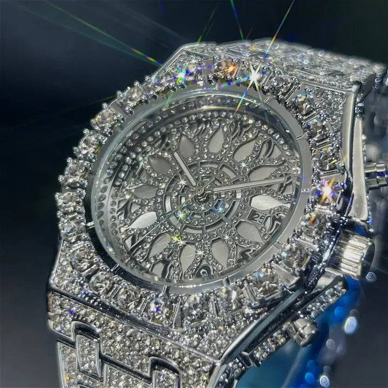 Hip-hop Wristwatch, Luxury Bling Quartz Watch for Men Women, Fully Cubic -Studded Rhinestone Accessory, Fashion Accessory for Ladies Gentlemen, Sparkling Dial, Perfect Gifts for Christmas Halloween, with Box - Watch Strap Adjuster