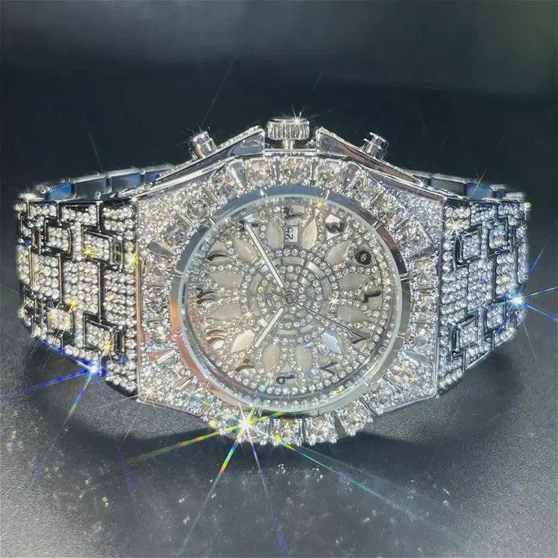 Hip-hop Wristwatch, Luxury Bling Quartz Watch for Men Women, Fully Cubic -Studded Rhinestone Accessory, Fashion Accessory for Ladies Gentlemen, Sparkling Dial, Perfect Gifts for Christmas Halloween, with Box - Watch Strap Adjuster