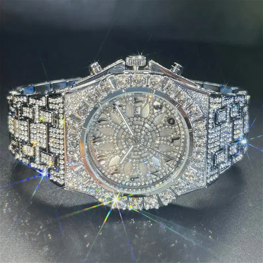 Hip-hop Wristwatch, Luxury Bling Quartz Watch for Men Women, Fully Cubic -Studded Rhinestone Accessory, Fashion Accessory for Ladies Gentlemen, Sparkling Dial, Perfect Gifts for Christmas Halloween, with Box - Watch Strap Adjuster