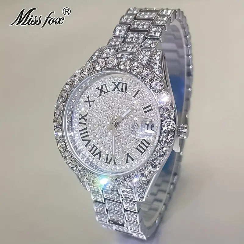 MISSFOX Elegant Quartz Watch for Women - Luminous, Round Alloy Case, Hip-Hop Iced-Out Design with Sparkling Crystals, Perfect for Casual or Formal Wear, Ladies Watches