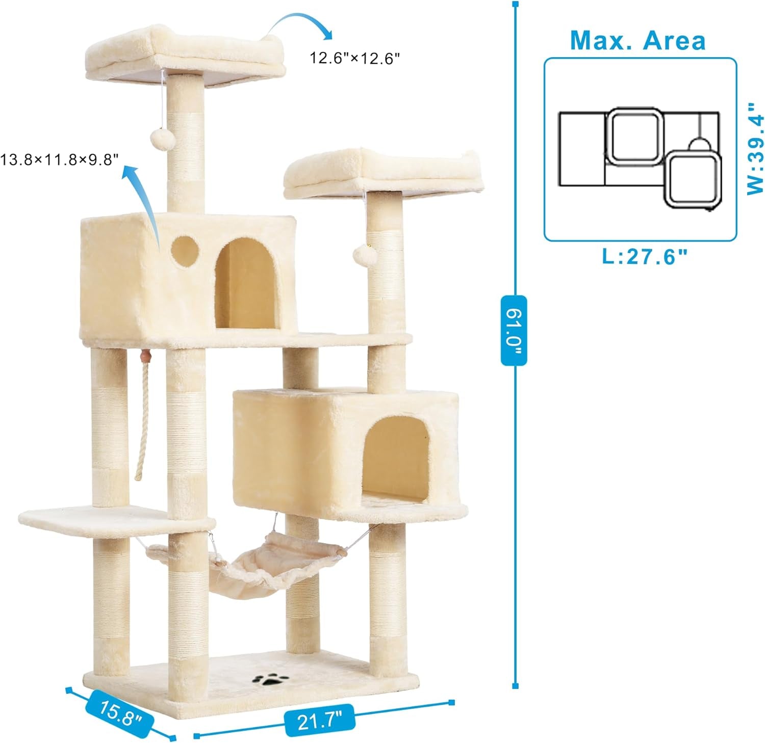 Large Multi-Level Cat Tree with Sisal Scratching Posts, Spacious Plush Condos, and Perch Hammock for Cats and Kittens - Beige MPJ020M