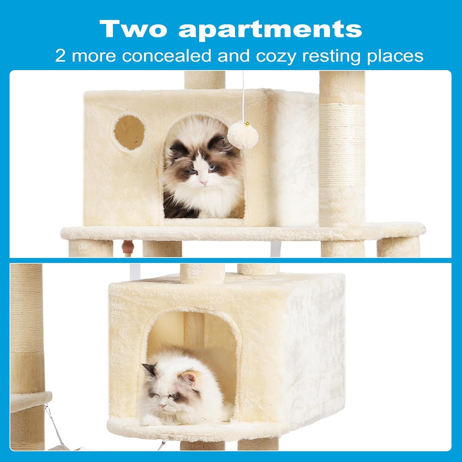 Large Multi-Level Cat Tree with Sisal Scratching Posts, Spacious Plush Condos, and Perch Hammock for Cats and Kittens - Beige MPJ020M