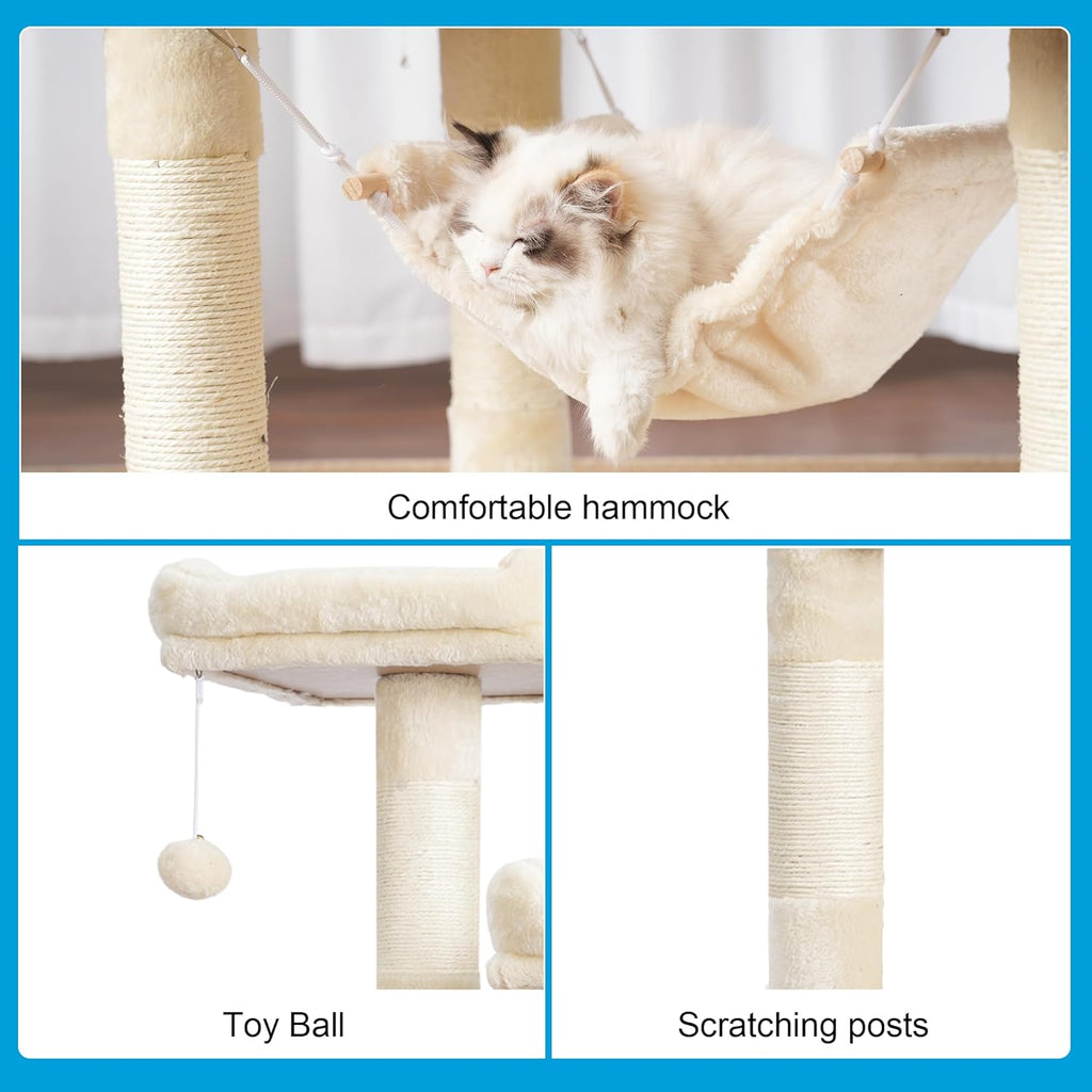 Large Multi-Level Cat Tree with Sisal Scratching Posts, Spacious Plush Condos, and Perch Hammock for Cats and Kittens - Beige MPJ020M