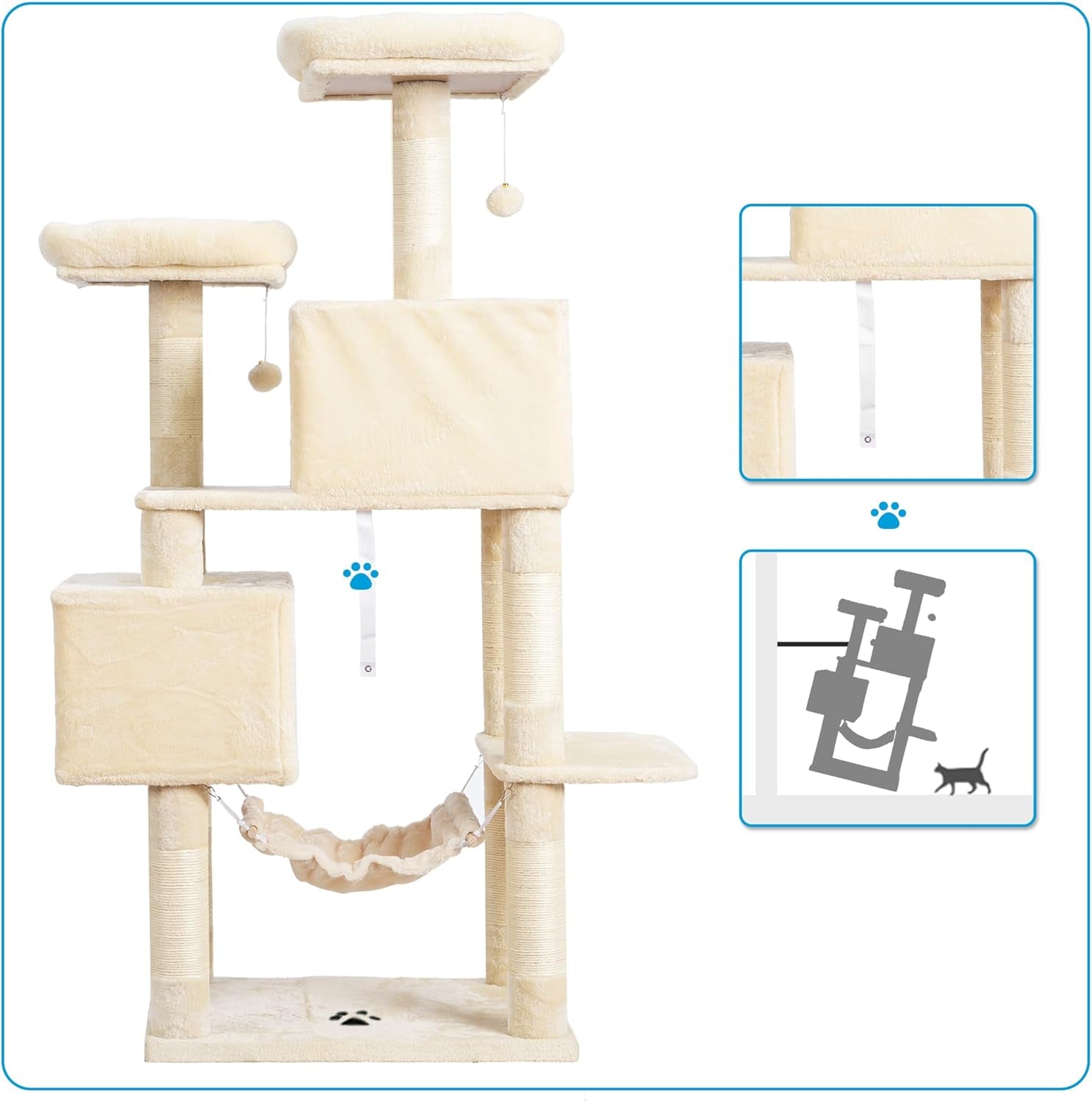 Large Multi-Level Cat Tree with Sisal Scratching Posts, Spacious Plush Condos, and Perch Hammock for Cats and Kittens - Beige MPJ020M