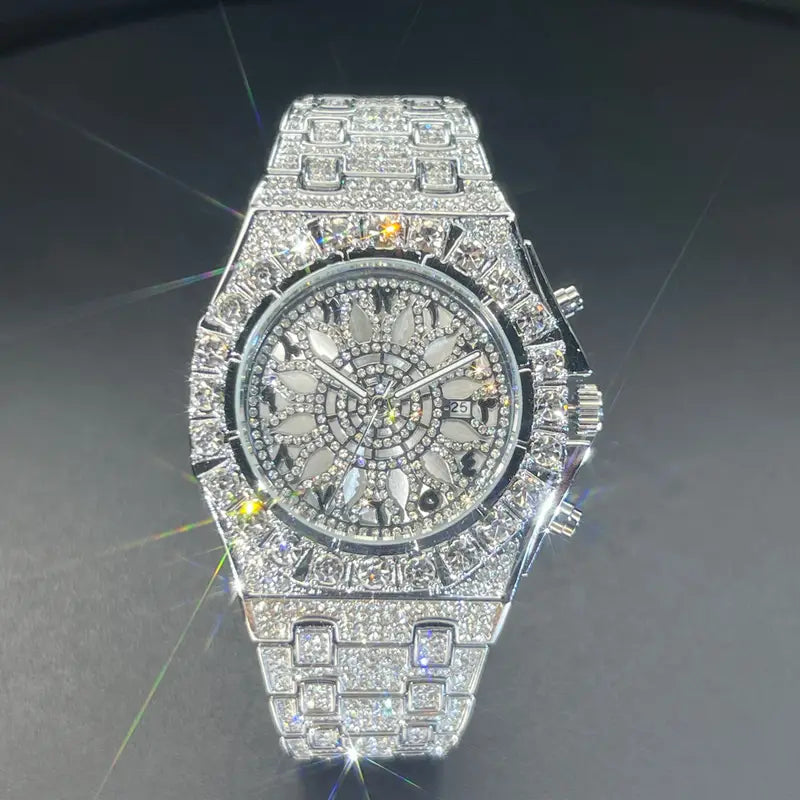 Hip-hop Wristwatch, Luxury Bling Quartz Watch for Men Women, Fully Cubic -Studded Rhinestone Accessory, Fashion Accessory for Ladies Gentlemen, Sparkling Dial, Perfect Gifts for Christmas Halloween, with Box - Watch Strap Adjuster