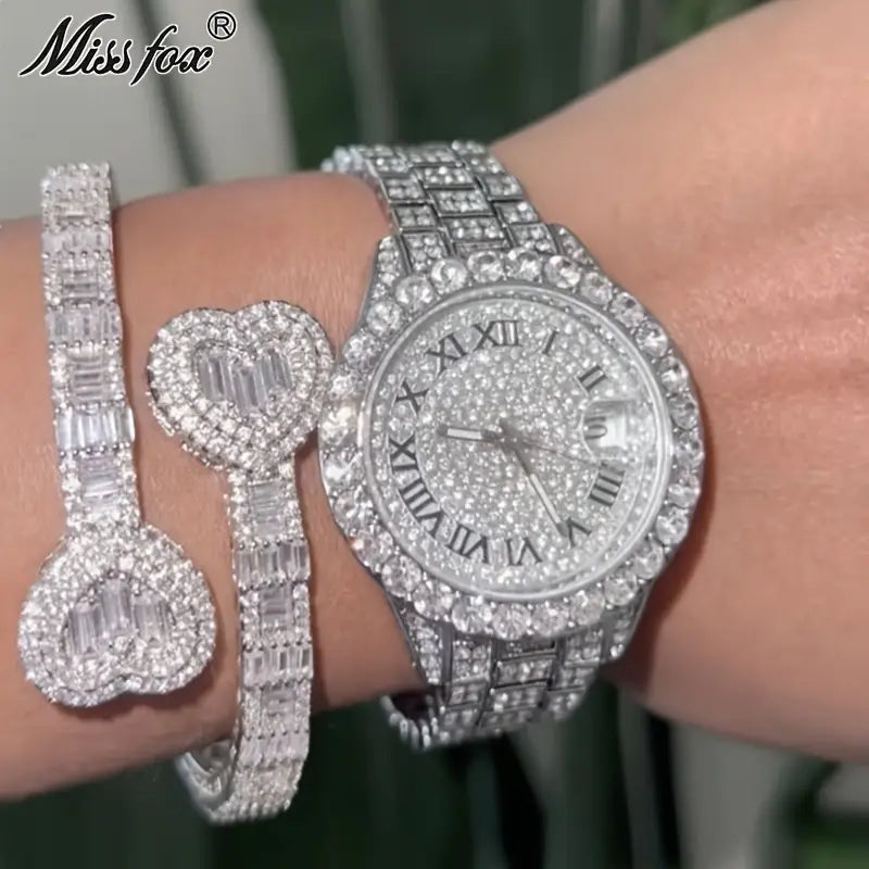 MISSFOX Elegant Quartz Watch for Women - Luminous, Round Alloy Case, Hip-Hop Iced-Out Design with Sparkling Crystals, Perfect for Casual or Formal Wear, Ladies Watches