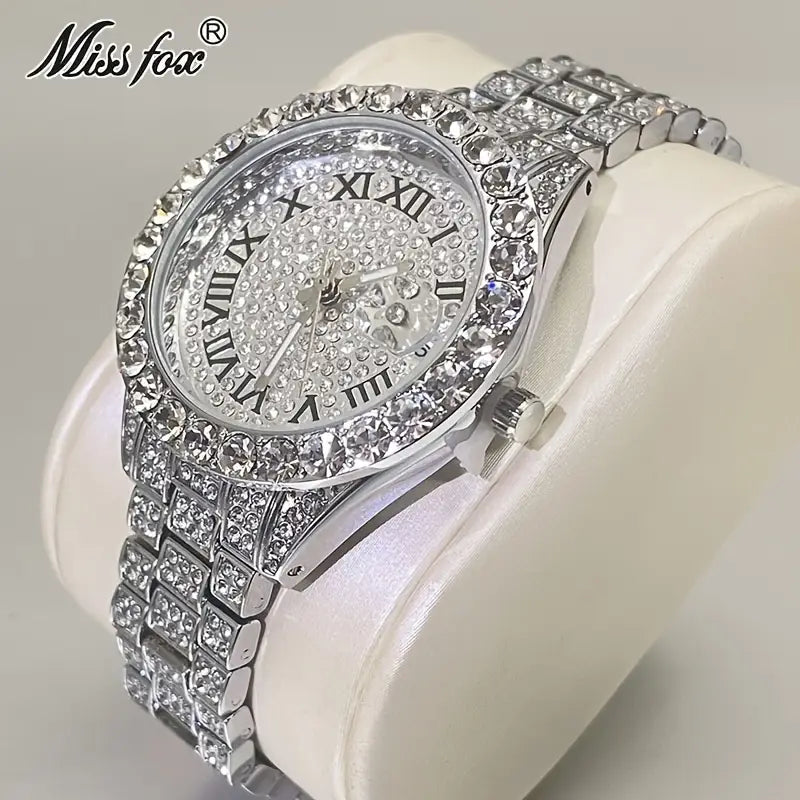 MISSFOX Elegant Quartz Watch for Women - Luminous, Round Alloy Case, Hip-Hop Iced-Out Design with Sparkling Crystals, Perfect for Casual or Formal Wear, Ladies Watches
