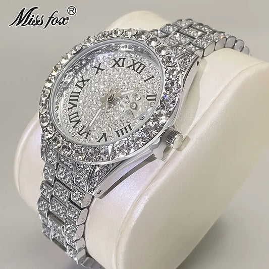 MISSFOX Elegant Quartz Watch for Women - Luminous, Round Alloy Case, Hip-Hop Iced-Out Design with Sparkling Crystals, Perfect for Casual or Formal Wear, Ladies Watches