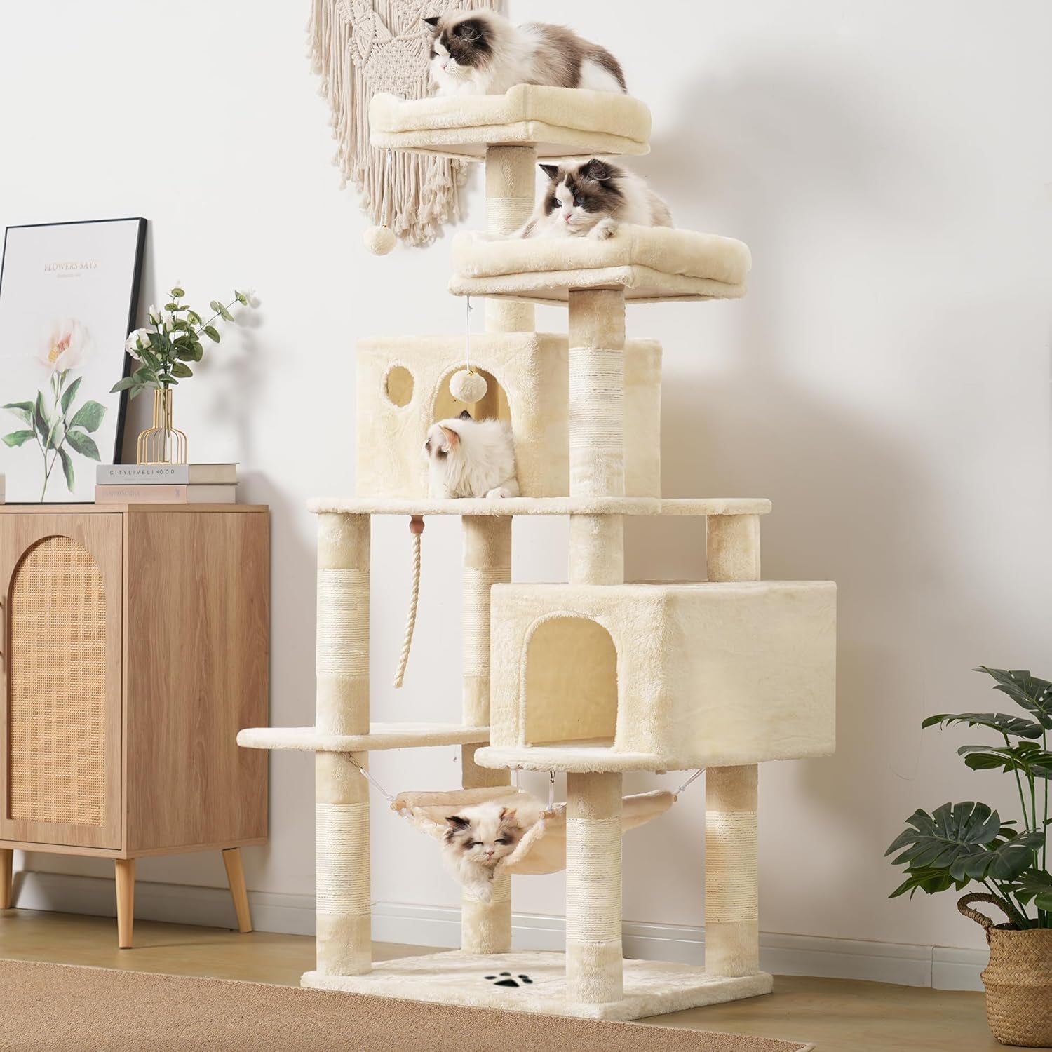 Large Multi-Level Cat Tree with Sisal Scratching Posts, Spacious Plush Condos, and Perch Hammock for Cats and Kittens - Beige MPJ020M