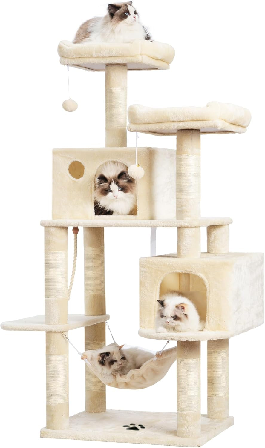 Large Multi-Level Cat Tree with Sisal Scratching Posts, Spacious Plush Condos, and Perch Hammock for Cats and Kittens - Beige MPJ020M
